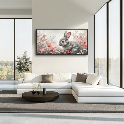 Framed Large Pictures Wall Art for Living Room, Rabbit Bunny Oversized Wall Decor Animal Floral Canvas Print Painting Modern Extra Large Framed Artwork for Bedroom Office 60"x30"