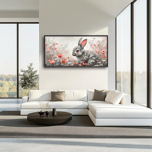 Framed Large Pictures Wall Art for Living Room, Rabbit Bunny Oversized Wall Decor Animal Floral Canvas Print Painting Modern Extra Large Framed Artwork for Bedroom Office 60"x30"