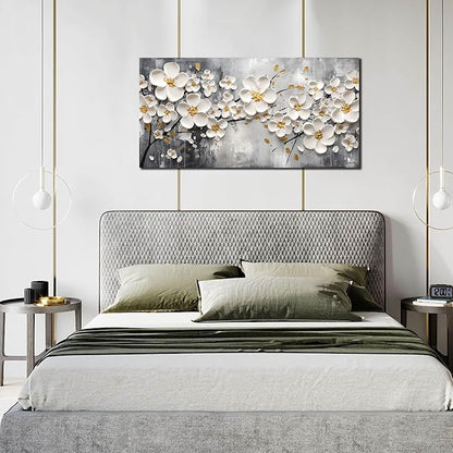 Flower Pictures Wall Art for Bedroom Women - White Canvas Wall Art for Living Room - Girls Room Decor Ready to Hang Size 20" x 40"