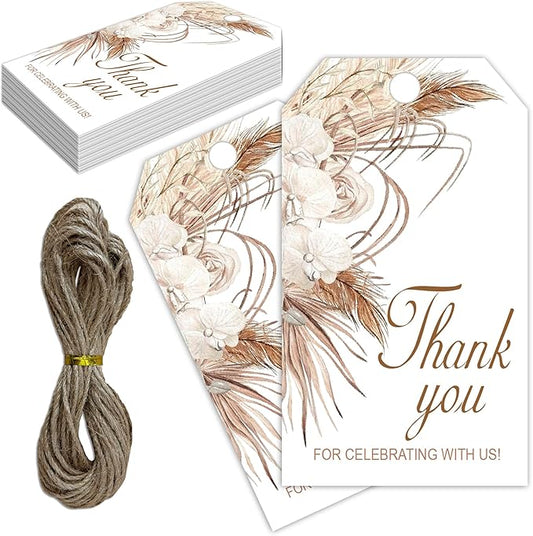 Thank You for Celebrating with Us Tag, 50 Pcs Boho Thank You Paper Lables, 2x3 Inch Gift Tags with String for Wedding Birthday Baby Shower Bridal Shower, Party Decoration-A05