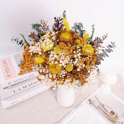Handmade Dried Flower Bouquet – Natural Orange & Yellow Floral Arrangement with Baby’s Breath, Craspedia, and Eucalyptus – Rustic Boho Style for Home Decor, Weddings, Fall Decor