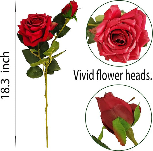 ATFL Fake Red Roses Flowers, 6 Pcs Faux Silk Real Touch Moisturizing Artificial Rose Flowers for Decoration DIY Wedding Party Home Office Decoration and Dining Table Centerpiece (6, red)