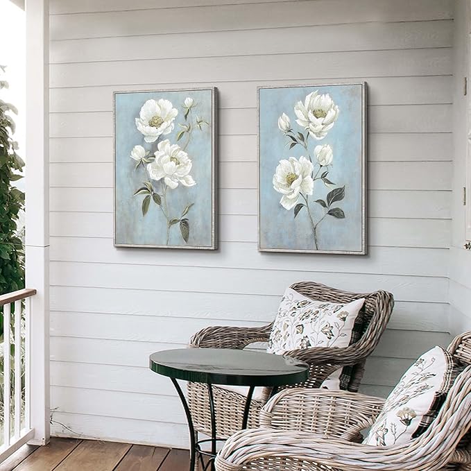 Flower Canvas White Wall Art: Living Room 2 Pieces Floral Prints Abstract Artwork Vintage Peony Bouquet Botanical Painting Picture for Bedroom Bathroom Home Office