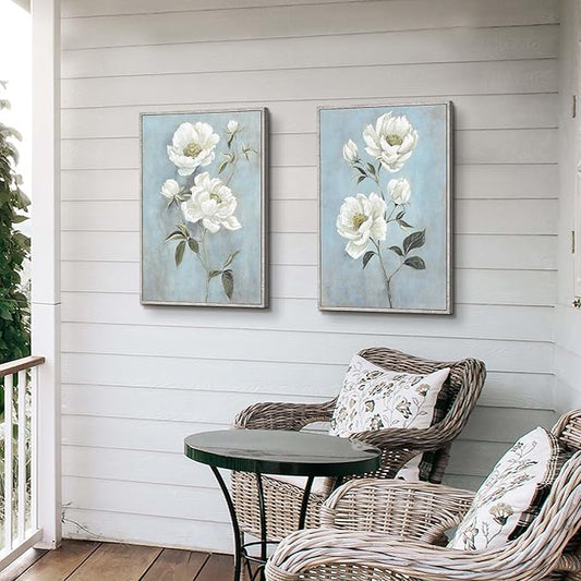 Flower Canvas White Wall Art: Living Room 2 Pieces Floral Prints Abstract Artwork Vintage Peony Bouquet Botanical Painting Picture for Bedroom Bathroom Home Office