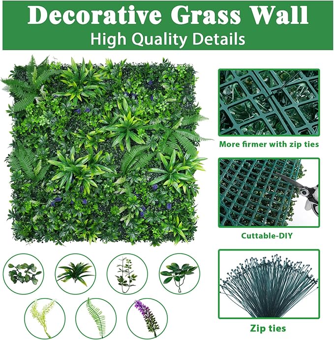 Grass Wall Panels Set of 6, Artificial Hedge Panels Greenery Wall, UV Protected Faux Grass Backdrop Privacy Fence Screen, Greenery Wall for Outdoor Indoor Garden Birthday Wedding Decor