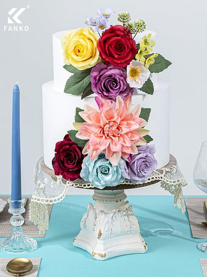 FANKO Artificial Flowers Rainbow Rose, Mixed Combo Fake Silk Flowers Blue & Red Rose Purple Burgundy Roses with Dahlia Assorted Blooms for DIY Wedding Bridal Bouquets/Centerpieces/Home Decor