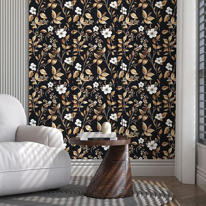 Extra Long Vintage Gold Wallpaper, 17.5" x 393" Classic Black and Gold Floral Self-Adhesive Vinyl Contact Paper for Bedroom, Powder Room, Countertop, Removable Antique Dark Metallic Home Decor