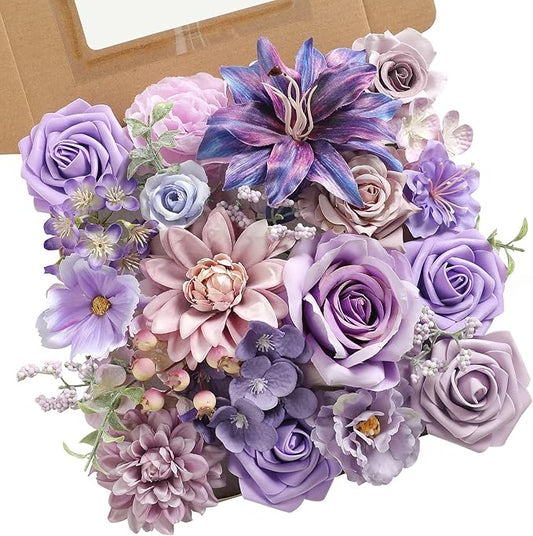 Artificial Flowers Combo Box Purple Flowers Silk Fake Roses with Stems for DIY Wedding Bridal Bouquets,Table Centerpieces,Cake Floral Arrangement,Baby Shower,Birthday Party Home Decorations