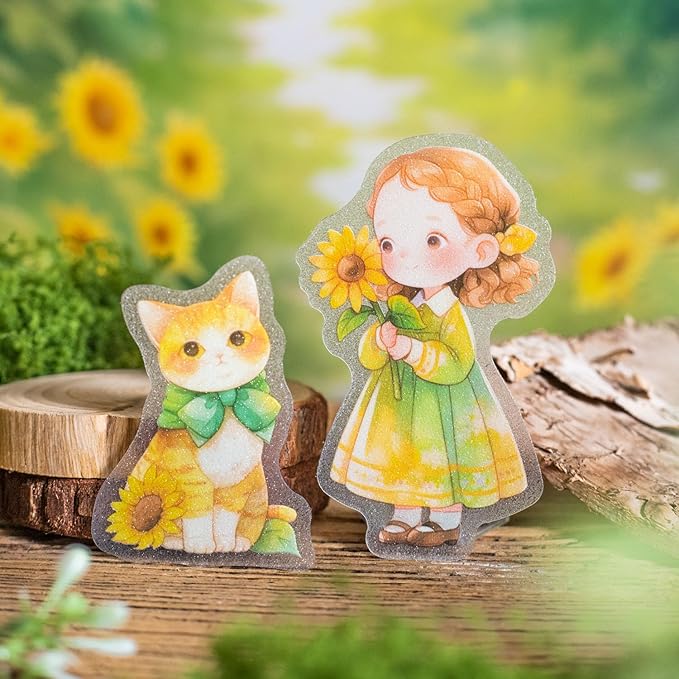 TIAMECH Cute Stories PET Stickers - 60 Pcs Daisy Rose Flower & Hairy Girl Design, Waterproof Sticker for Journaling & Scrapbooking, Junk Journal Supplies, Ephemera & DIY Crafts