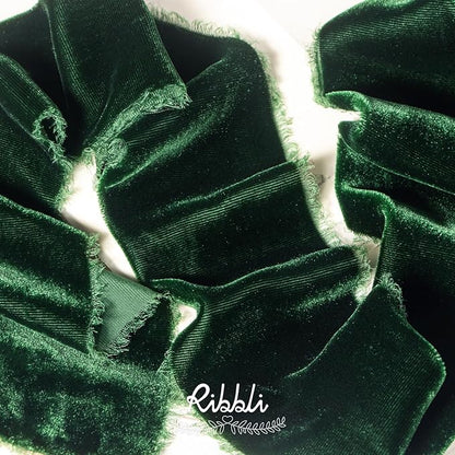 Ribbli Forest Green Velvet Ribbon 3 Inch Handmade Frayed Vintage Christmas Ribbon for Gift Wrapping Christmas Tree Ornament Wreath Craft Home Decor -3 Yards
