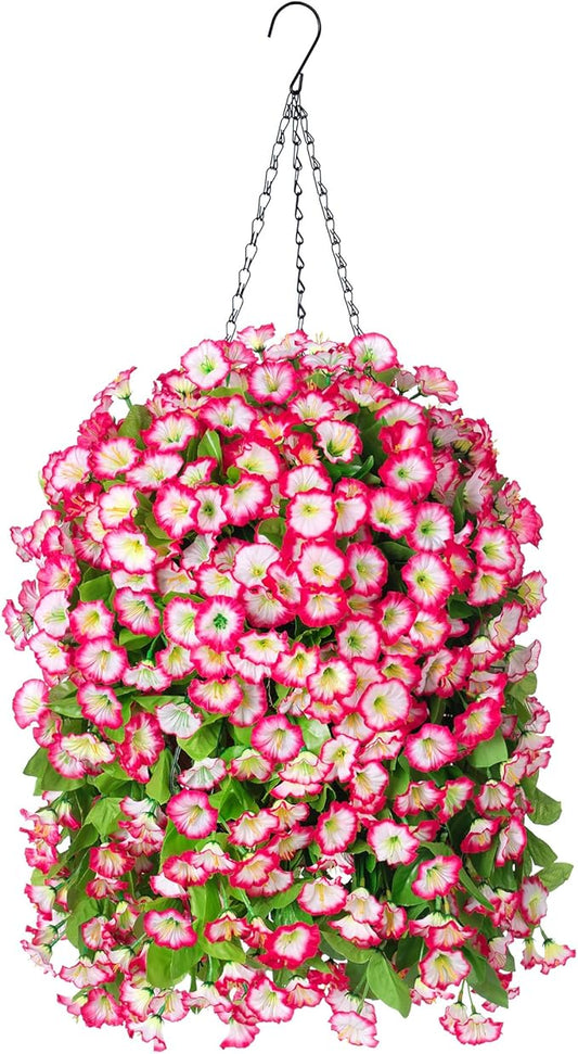 Artificial Faux Hanging Flowers Basket for Spring Summer Outdoor Porch Decor, Fake Silk Colorful Morning Glory Eucalyptus in Planter UV Resistant Look Real for Home Patio Balcony Yard(Pink)