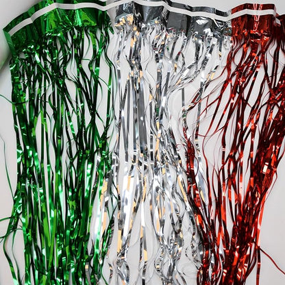 BRAVESHINE 2 Pack Fringe Backdrop Red Silver Green Christmas Party Decorations 3.2 x 6.6 ft Tinsel Foil Curtain Party Streamer Metallic Photo Backdrop for Christmas, New Year Decor