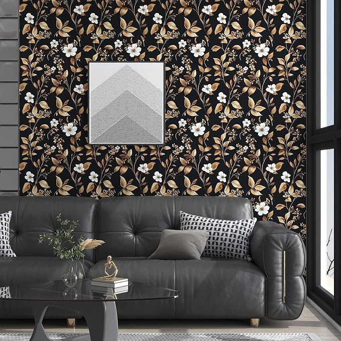 Vintage Black Peel and Stick Wallpaper – Black and Gold Floral Leaf Design Dark Metallic Self-Adhesive Vinyl Contact Paper for Bedroom, Cabinet, Drawer, Shelf Removable Wall Paper 17.5" x 118"