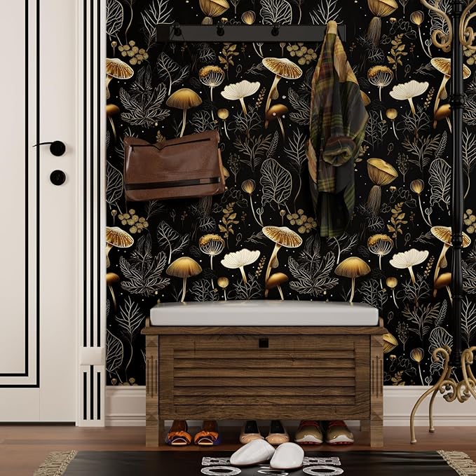 Boho Wallpaper Peel and Stick Dark Floral Contact Paper 17.5" x 118" Vinyl Self Adhesive Vintage Mushrooms Wall Mural Leaf Wall Paper for Room Countertop Drawer Decor(Golden,Black)