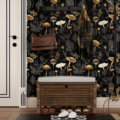 Boho Wallpaper Peel and Stick Dark Floral Contact Paper 17.5" x 118" Vinyl Self Adhesive Vintage Mushrooms Wall Mural Leaf Wall Paper for Room Countertop Drawer Decor(Golden,Black)