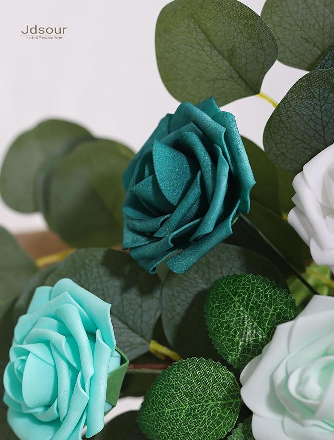 25pcs Artificial Flower，Real Looking Foam Roses w/Stem for DIY Wedding Bouquets Centerpieces Bridal Shower Party Decor-Shades of Teal Green