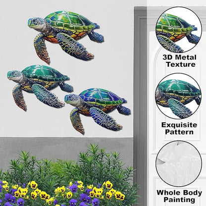 John's Studio 3Pcs Metal Turtle Sea Wall Decor Outdoor Garden Hanging Art Sculptures Home Ocean Theme Decorations for Kitchen Bathroom and Pool