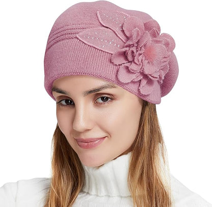 Flower Women Beret, Double Layer Thickened Winter Knitted Beanie Beret Hat, Stylish French Dress Beret Hats for Women