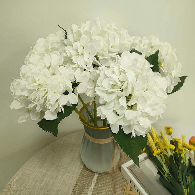 White Hydrangea Artificial Flowers,6 Pcs Faux Artificial Hydrangeas Flowers with Stems,Fake Silk Hydrangeas Flowers with Stems for Home Decor (6, White)