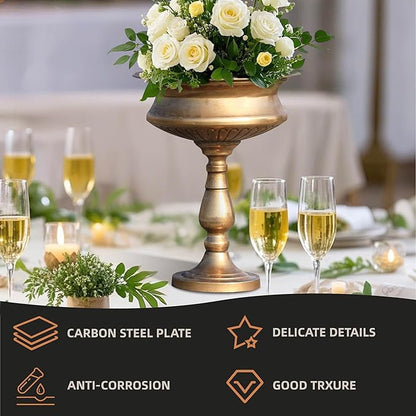 WORTH 15" H. Tall Gold Color Urn Vase for Centerpieces, 11.8" Dia. Classic Metal Trumpet Small Flower Pots for Table, Bowl Vase for Wedding Party Event Home Decor