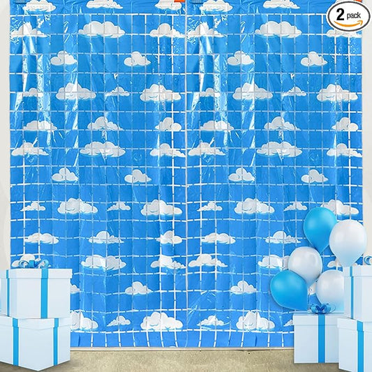 Blue Sky White Clouds Birthday Party Decorations 2 Pack Clouds Foil Fringe Curtains 3.28 x 6.56Ft Cartoon Story Tinsel Streamers Curtain Backdrop Birthday Baby Shower Cloud Theme Photo Booth Backdrop