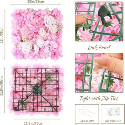Artificial Silk Flower Wall Panel Pink Decorative Floral Background Silk Rose Mat for Wedding Party Backdrop Wall Decor Shop Photo Backdrop Floral Wall Arrangement 15 * 15in 12Pcs