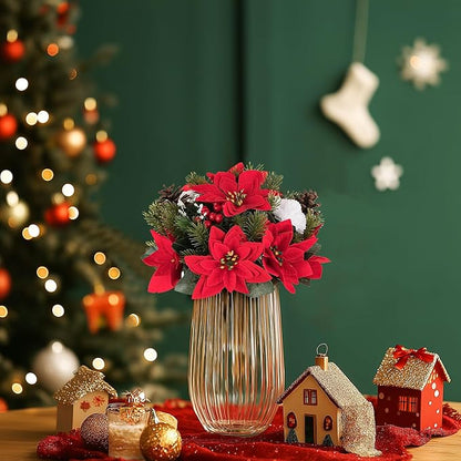BLOSMON Poinsettias Artificial Christmas Flowers: 2 Pcs Red Fake Floral Ball Centerpieces for Tables Decorations Silk Faux Poinsettia Winter Holiday Flower Arrangement Xmas Plant Ornaments Decor