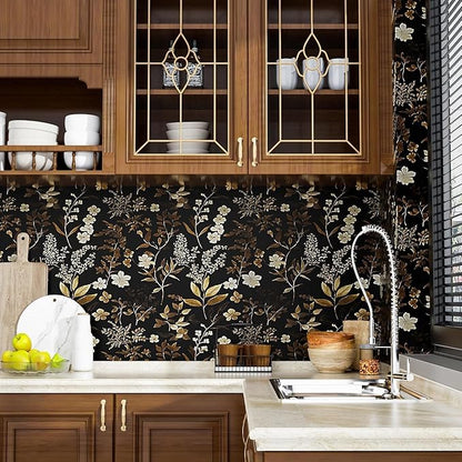 Vintage Leaf Wallpaper Peel and Stick Gold Leaf Contact Paper 17.4" x 393" Black Floral Waterproof Self-Adhesive Wall Covering for Bedroom Countertop Desk Cabinets