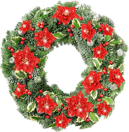 Boao 24 Pieces Glitter Poinsettia Artificial Christmas Flowers Poinsettia Decorations Wedding Christmas Tree Ornaments, 3/4/6 Inches (Red)