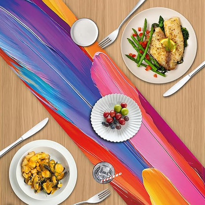 Vibrant Abstract Art Table Runner – 13x72 Inch Colorful Brushstroke Design on Linen-Look Fabric, Modern Artistic Dining Table Decor for Home, Parties & Creative Spaces