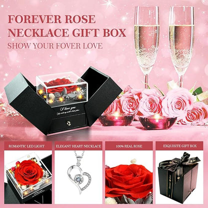 Preserved Real Roses with Heart Necklace I Love You in 100 Languages, Romantic Anniversary Christmas Gifts for Wife Girlfriend, Forever Roses Necklace Gifts