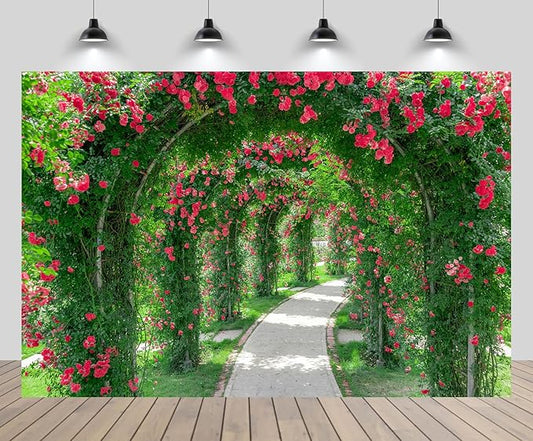 15ftx8ft Spring Flower Garden Backdrop Blossoms Flower Arch Garden Architecture Pillars Blooming Flowers Garden Path Photo Background Outdoor Wedding Portraits Photo Studio Props Wallpaper