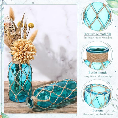 Chuangdi Set of 2 Coastal Glass Vases for Flower Small Flower Vase with Boho Rope Wrapping Beach Decorative Bottle for Coastal Nautical Table Centerpiece Wedding Floral Arrangement Decor(Aqua Blue)