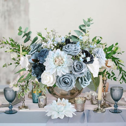 AGIRL Artificial Flowers Combo Silk Mix Blue Fake Flower with Stems for DIY Wedding Bouquets Centerpieces Arrangements Table Chair Decor Baby Shower Home Decor (Light Blue)