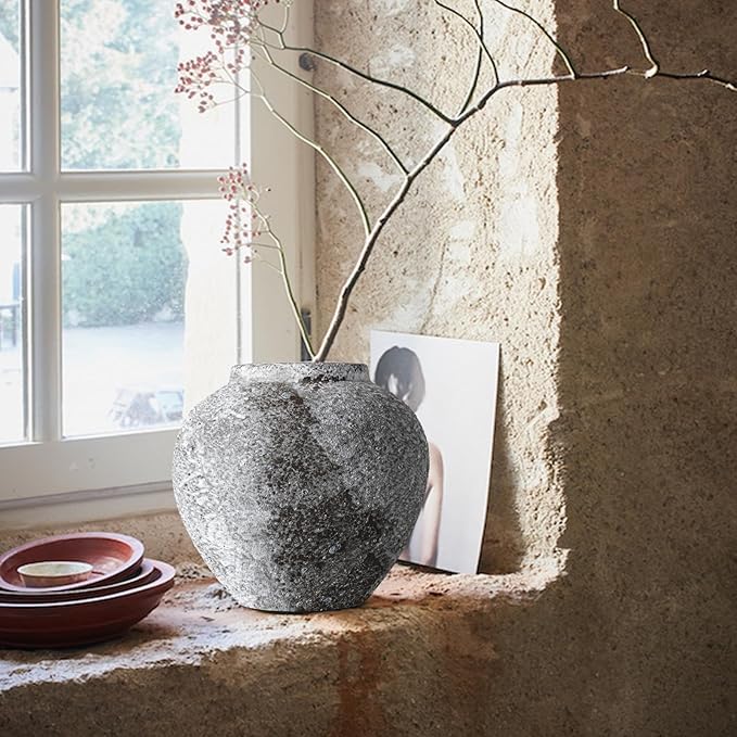 Rustic Ceramic Circular Flower Vase Farmhouse Clay Pottery Large Terracotta Floor Vases for Decorative Centerpiece Vintage Home Decor Aesthetic for Living Room Bedroom Table Entryway