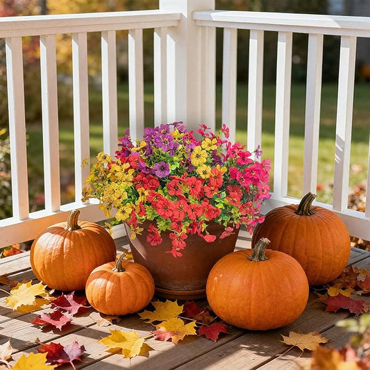 Artificial Flowers Faux Plants for Outdoor Garden Home Weeding Decoration, 12 Bundles Silk Colorful Daisy with Eucalyptus Leaves Fake Plants Greenery for Outdoor Outside Winter Chrsitmas Decor