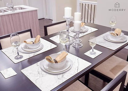 Set of 4 Heat Resistant Cork Placemats for Dining Table with Free Set of 4 Matching Drink Coasters Marble Design 16 x 12 Inches Cork Backed Hard Placemats (White Marble)