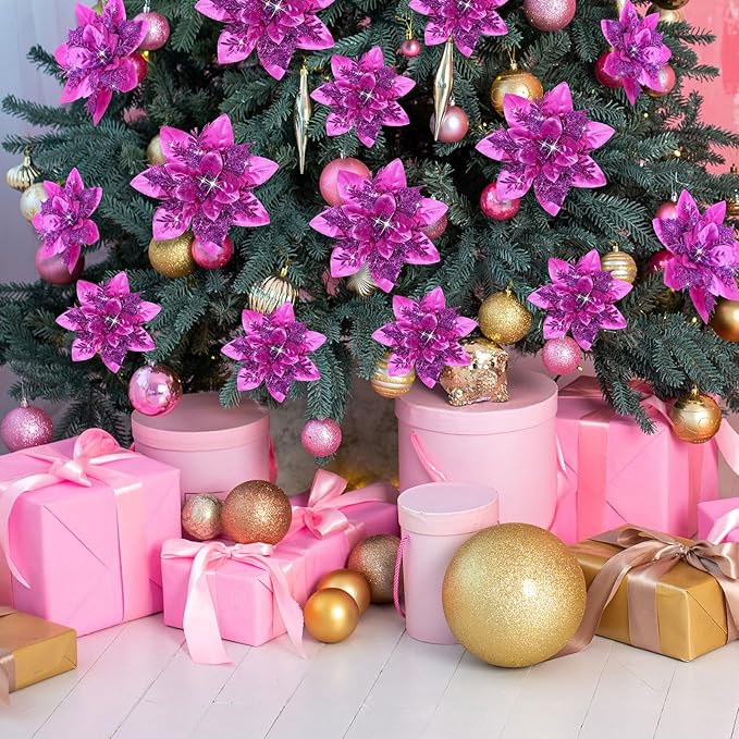 Geosar 24 Christmas Glitter Artificial Poinsettia Flowers Xmas Poinsettia Artificial Wedding Flowers Decorations Xmas Tree Ornaments with Clips for Party Favors, 6 Inch, 4 Inch, 3 Inch (Dark Purple)