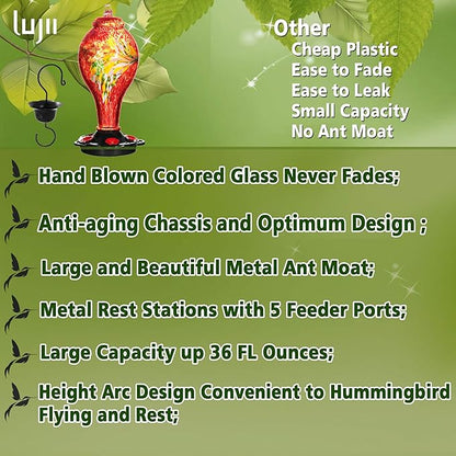 LUJII Hummingbird Feeders for Outdoors, Hand Blown Glass, Never Fade, 36 Fluid Ounces, 5 Feeding Stations, Much Bigger, Garden Backyard Decorative, Containing Ant Moat (Red)