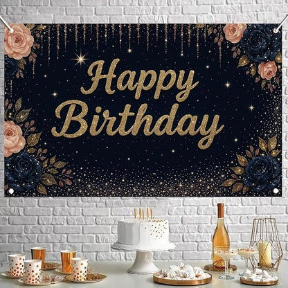 Happy Birthday Backdrop Banner Navy Blue Gold Glitter Rose Floral Birthday Party Decorations Photography Background Wedding Baby Shower Decor Booth Studio Props Supplies 71 x 43 Inch
