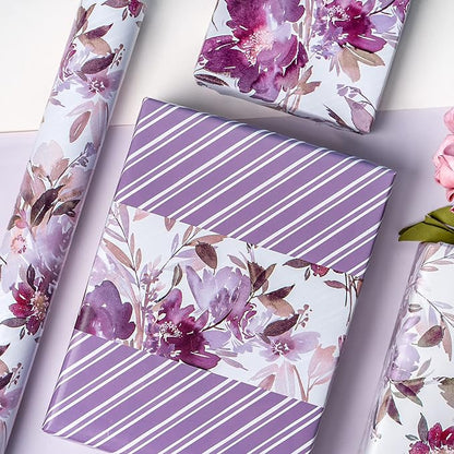 WRAPAHOLIC Reversible Floral Wrapping Paper - Mini Roll - 17 Inch X 33 Feet - Purple Floral Design for Wedding, Birthday, Valentines' Day, Baby Shower, Anniversary, Bridal Shower