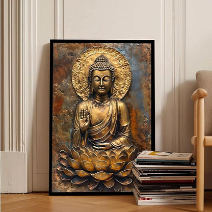 Buddha Wall Art Golden Buddha in Lotus Seat Serene spiritual statue radiant aura Meditation and mindfulness wall art suitable for sacred spaces 12x18in Metal blackFramed