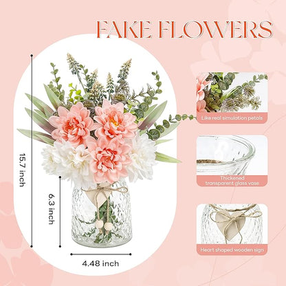 Der Rose Fake Flowers in Vase Silk Artificial Pink Flowers Arrangements with Glass Vase for Dinning Coffee Table Centerpieces Home Kitchen Farmhouse Wedding Decor