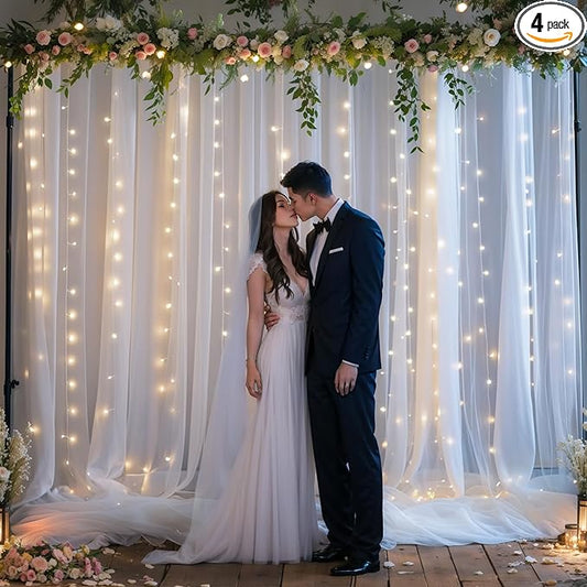 20x10ft White Tulle Backdrop Curtains with Lights for Party Wedding Baby Shower, Sheer Wrinkle Free Backdrop Curtains for Birthday Party Photo Booth Background Decoration