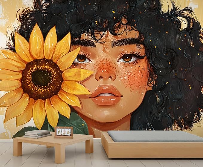KIREUPA Sunflower Woman Art Wall Mural, Curly Hair Girl with Sunflower 3d Wall Murals, Modern Portrait and Flower Wallpaper Mural, for Living Room Bedroom Large Wallpaper Indoor Decor 78.7" W x55.1 H