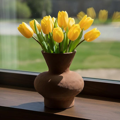 5.5IN Rustic Farmhouse Ceramic Vase Home Decor, Vintage Stoneware Clay Pottery Terracotta Textured for Modern Farmhouse, Living Room, Office Desk Table Shelf,(Brown)