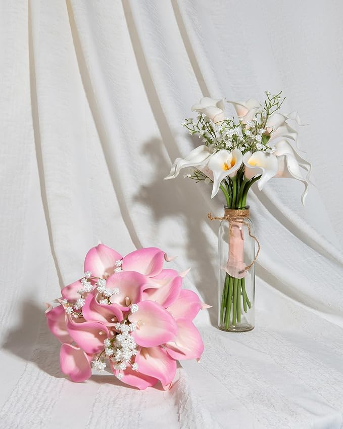 DuHouse 20Pcs Artificial Calla Lily Flower Real Touch Latex Flowers for DIY Wedding Bouquet Party Home Decor (White Orange)