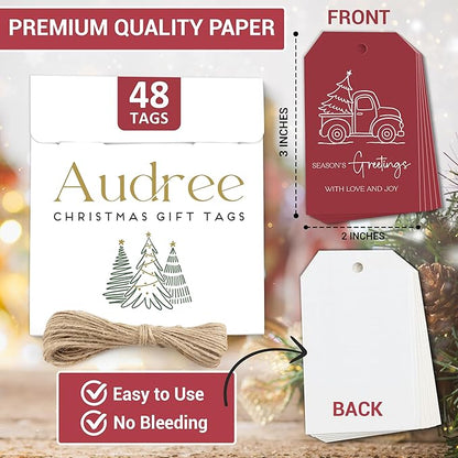 AUDREE 48 Pcs Christmas Gift Tags with String - Funny Holiday Gift Tags for Xmas Presents - Christmas Name Tags for Gifts - Hanging Labels Decoration Xmas Winter Holiday Present DIY Crafts