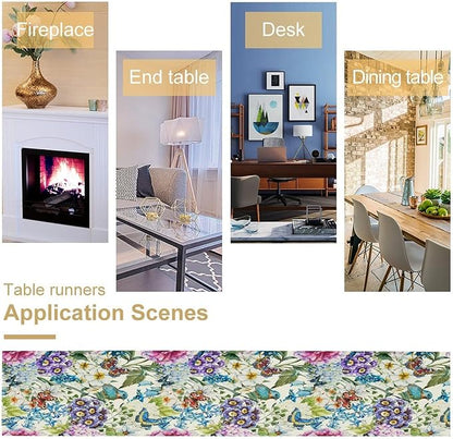Brown Bird Floral Table Runner Spring Flower Kitchen Table Decoration Suitable for Family Dinner Decoration 13x60 Inch