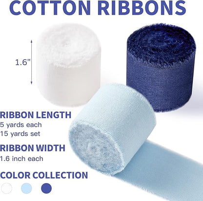Navy Blue White Ribbon 1-1/2 x 15 Yards Handmade Cotton Frayed Fringe Fabric Ribbons for Crafts Flower Bouquets Wedding Baby Shower Home DIY Decor